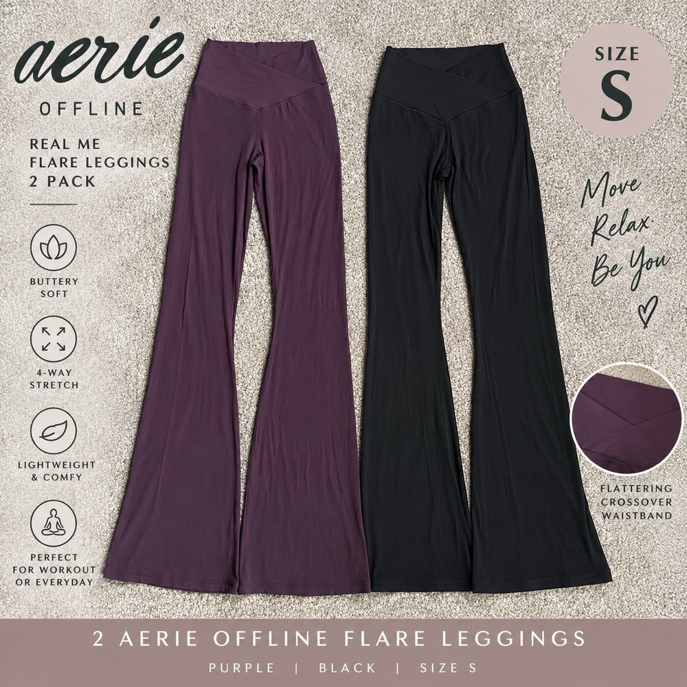 Lot of 2 Aerie Leggings Flared Leg Size S Purple Black Yoga Activewear